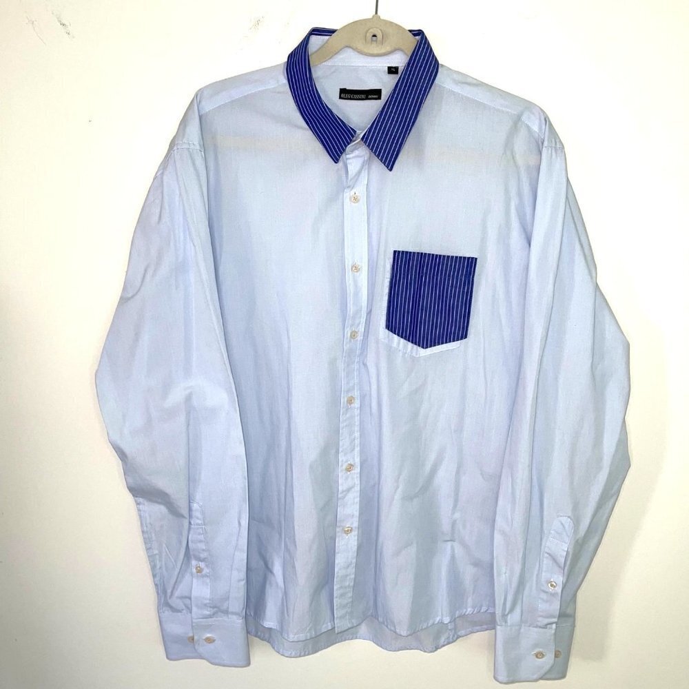 Oleg Cassini Skinny Shirt XL Mens Vintage Cotton Blue Pink Striped Pocket Collar - Picture 9 of 12